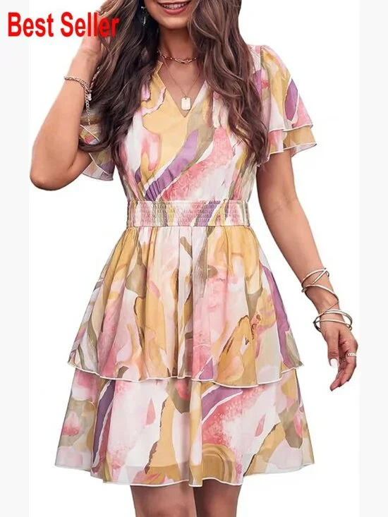 Chiffon Floral Mini Dress V Neck Short Sleeve Empire Waist Tiered - Picture 1 of 7